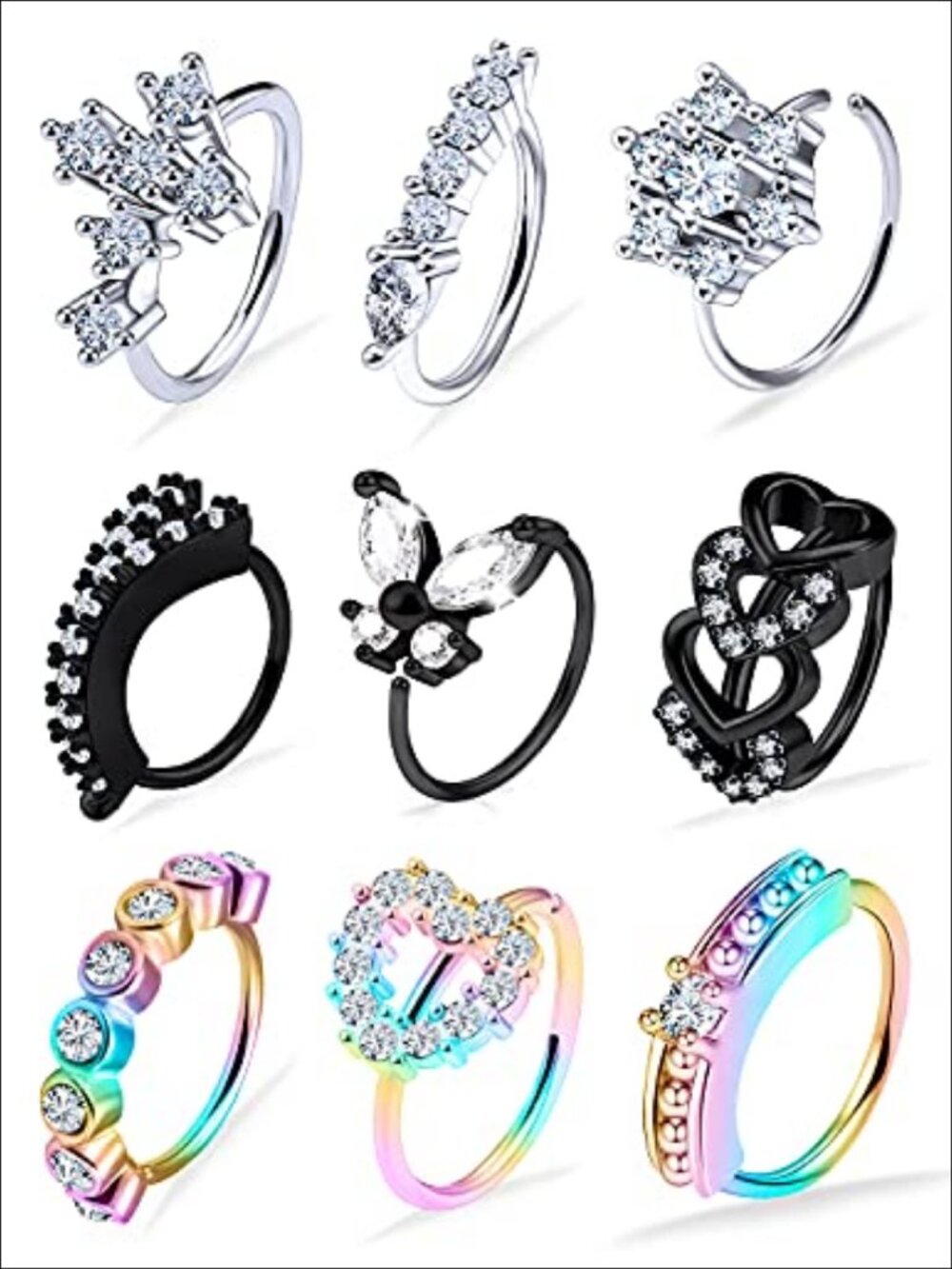20G Nose Rings Hoops 316L Surgical Steel Cubic Zirconia Piercing Jewelry 9